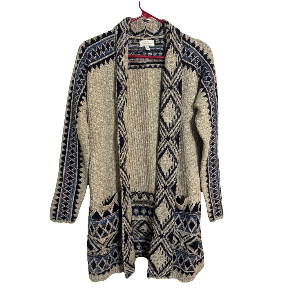 Lucky Brand Women's Cardigan‎ XS/S Open Front Southwestern Aztec Knit Pockets